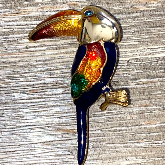 Vintage 90s Swirl Enamel & Rhinestones TUCAN BIRD Broach - Picture 1 of 6